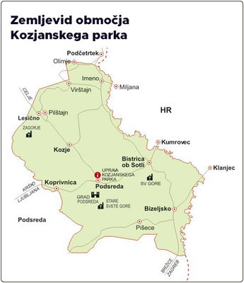 Zemljevid območja, ki ga obsega Kozjanski park.